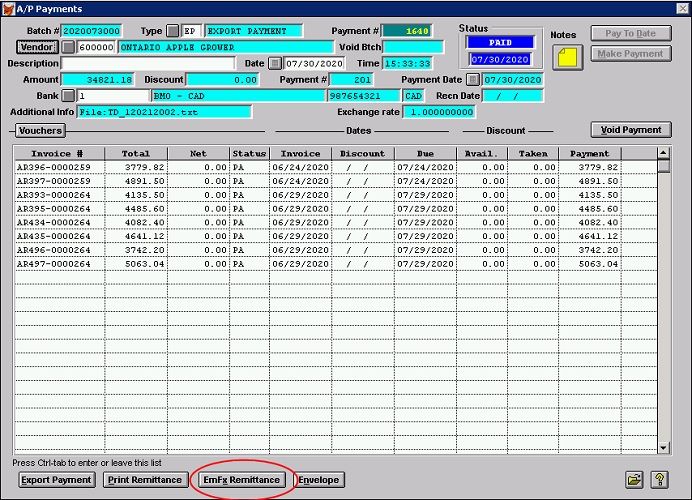A/P Payments Screen