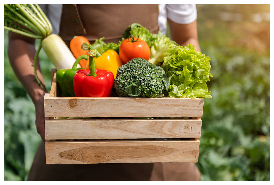 helping hands farmer with crate of fresh fruits and vegetables